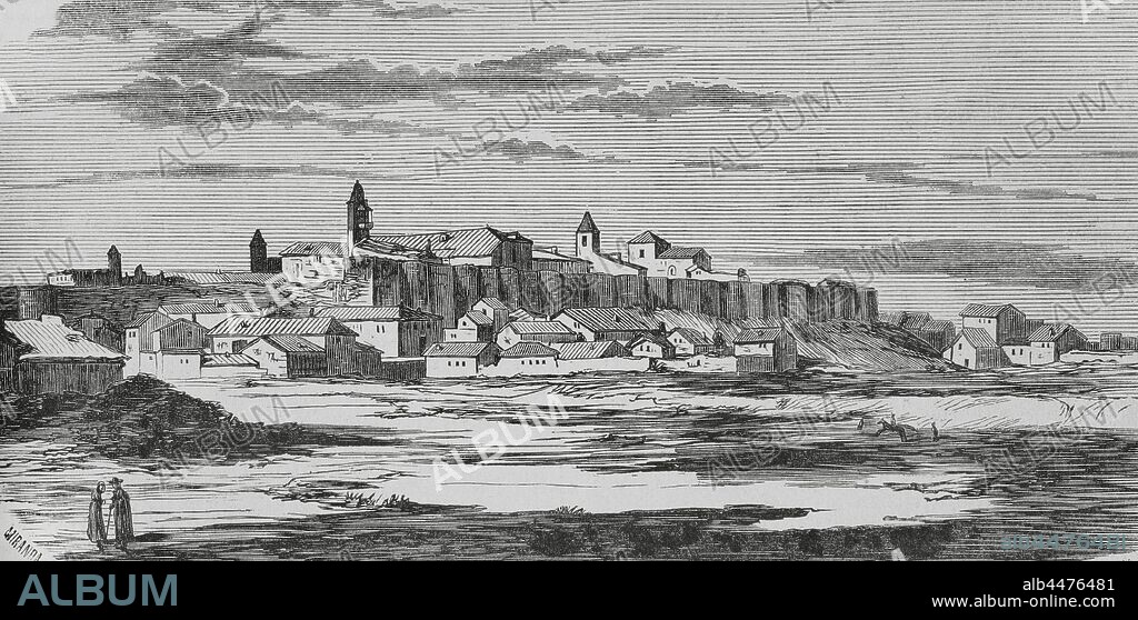 Spain, province of Leon, Astorga. General view of the village. Illustration by Fernando Miranda. Engraving. Cronica General de Espa–a, Historia Ilustrada y Descriptiva de sus Provincias. Asturias and Leon, 1867.