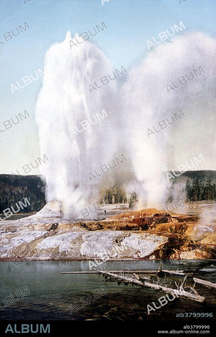 Giant Geyser photographed by Detroit Publishing Company, 1902. Giant Geyser is a cone-type geyser in the Upper Geyser Basin. Giant Geyser is the namesake for the Giant Group of geysers, which includes Bijou Geyser, Giant Geyser, and Mastiff Geyser. Giant Geyser is also the namesake for the Giant Platform, a raised stone structure incorporating all these geysers. Giant is notable for its spectacular, but sporadic eruptions, as well as for its very large cone of geyserite, which stands about 12 feet tall. Yellowstone National Park is a national park located primarily in the state of Wyoming, although it also extends into Montana and Idaho. It was established by the U.S. Congress and signed into law by President Ulysses S. Grant on March 1, 1872.