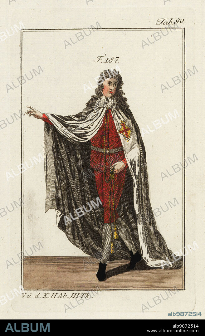 Knight of the Order of Alcantara in ceremonial robes, with Cistercian scarlet cross on his cloak. The Order of Alcantara was a Spanish military order established in 1176 They accepted the Cistercian rule and costume, a white mantle with the scarlet overcross. Copied from an illustration by Christoph Weigel in Philipp Bonannis Ritter-Ordern, 1728. Handcolored copperplate engraving from Robert von Spalart's Historical Picture of the Costumes of the Principal People of Antiquity and Middle Ages, Vienna, 1802.