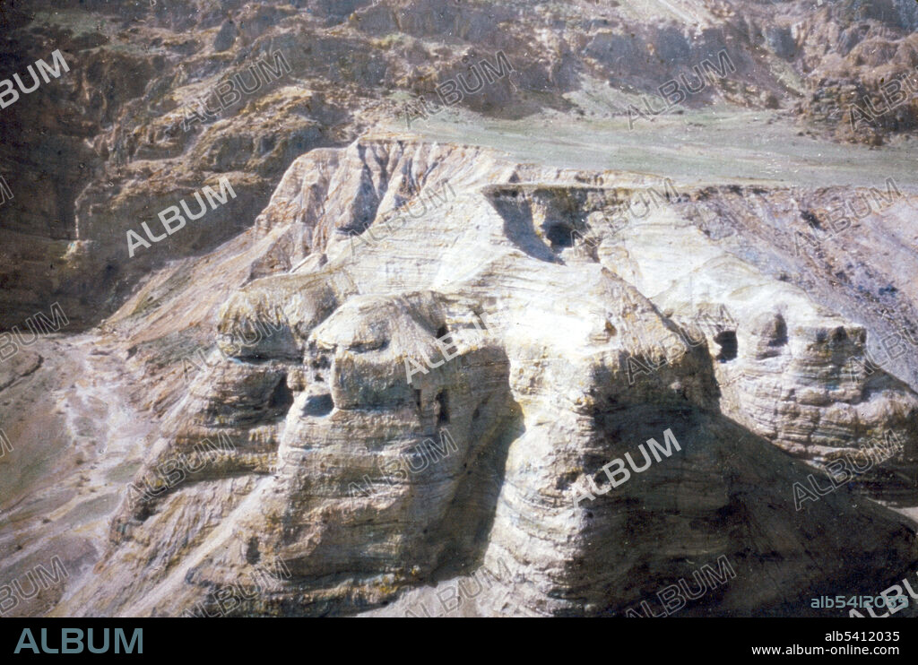 Jericho and Dead Sea area and River Jordan. Qumran, caves of Dead Sea scrolls. The Dead Sea Scrolls were discovered in a series of twelve caves around the site known as Wadi Qumran near the Dead Sea in the West Bank (of the Jordan River) between 1946 and 1956 by Bedouin shepherds and a team of archaeologists. The texts have great historical, religious, and linguistic significance because they include the second-oldest known surviving manuscripts of works later included in the Hebrew Bible canon, along with deuterocanonical and extra-biblical manuscripts which preserve evidence of the diversity of religious thought in late Second Temple Judaism. Most of the texts use Hebrew, with some written in Aramaic, and a few in Greek. Most of the texts are written on parchment, some on papyrus, and one on copper. Matson Photo Service, 1947-61.