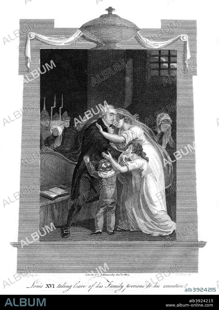 'Louis XVI taking leave of his family previous to his execution', 1793, (1814). Scene showing Louis (1754-1793) bidding farewell Marie Antoinette and their children, before going to the guillotine.