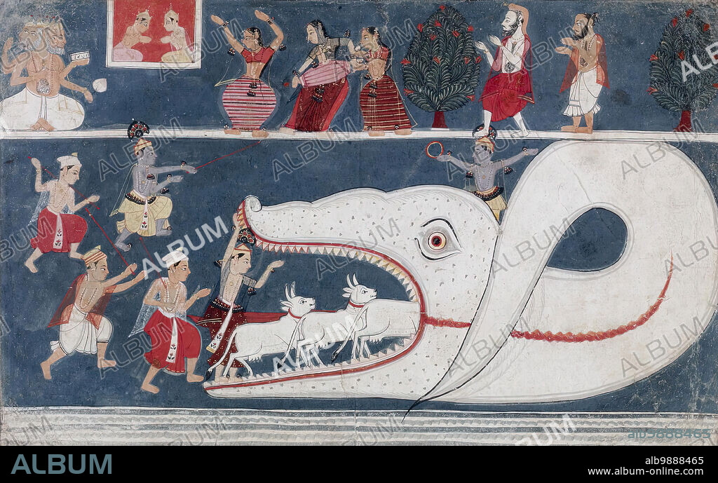 Krishna Kills Aghasura, 1675-1700. One of the many demons the Hindu god Krishna defeats during his childhood and youth is Aghasura, who assumes the form of an enormous serpent. With Aghasura's open mouth stretching from the earth to the clouds, the cowherds of Krishna's village mistake him for a mountain cave, and enter with their cattle. Krishna, recognising Aghasura for the demon he is, follows them in, then increases his own size, choking the creature and bursting through its skull. Here, the yellow-robed, blue-skinned Krishna is depicted twice: first entering the serpent's mouth, then victoriously rising from its head. Above, gods and celestial beings celebrate Krishna's victory.