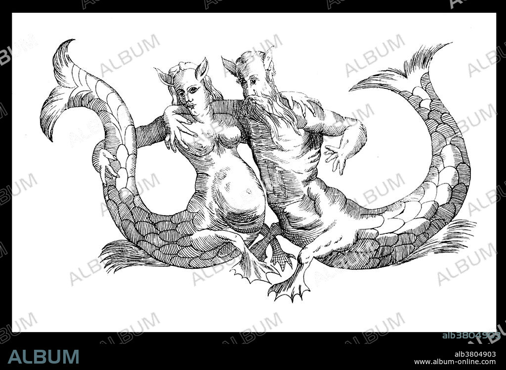Triton is a mythological Greek god, the messenger of the sea. He is the son of Poseidon and Amphitrite, god and goddess of the sea respectively, and is herald for his father. He is usually represented as a merman, having the upper body of a human and the tail of a fish. In Greek mythology the Sirens were dangerous and beautiful creatures, portrayed as femme fatales who lured nearby sailors with their enchanting music and voices to shipwreck on the rocky coast of their island. The Sirens were later encountered by the Argonauts who passed by unharmed with the help of Orpheus, the poet drowning out their music with his song. Odysseus also sailed by, bound tightly to the mast, his men blocking their ears with wax. The Sirens were so distressed to see a man hear their song and yet escape, that they threw themselves into the sea and drowned. Image appeared in "Curious creatures in zoology" by John C. Nimmo,1890.
