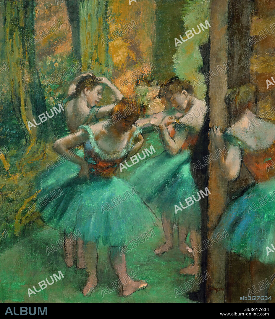 Dancers, Pink and Green. Artist: Edgar Degas (French, Paris 1834-1917 Paris). Dimensions: 32 3/8 x 29 3/4 in. (82.2 x 75.6 cm). Date: ca. 1890.
The heavily impastoed surface suggests that Degas worked directly and extensively on this picture, building up passages of oil paint with brushes and his fingers. By mixing his colors with white to make them opaque, and by applying his pigments thickly and in several layers, he approximated the pastel technique that he had perfected in the 1880s. Degas punctuated the composition with the shadowy profile of a top-hatted patron of the Paris Opéra, who enjoys the privilege of dallying with the dancers in the wings during a performance.