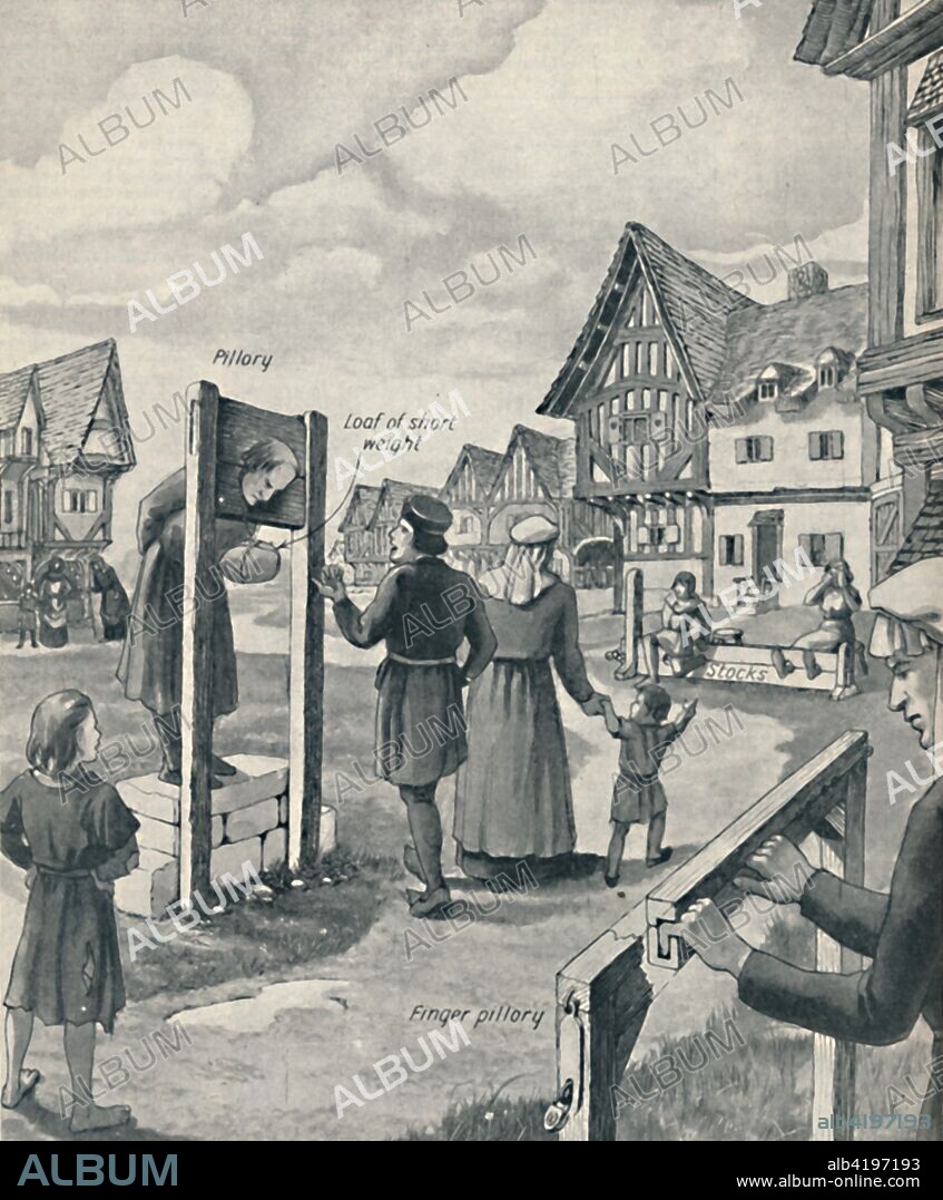 'Pillory and Stocks of the Middle Ages', c1934. Illustration showing medieval punishment. The accompanying text explains that 'ridicule was regarded as a great remedy against minor offences. Dishonest tradespeople were placed in the pillory with the offending goods round their necks'. From The Romance of the Nation, Volume One, edited by Charles Ray. [The Amalgamated Press, Ltd., London, c1934].