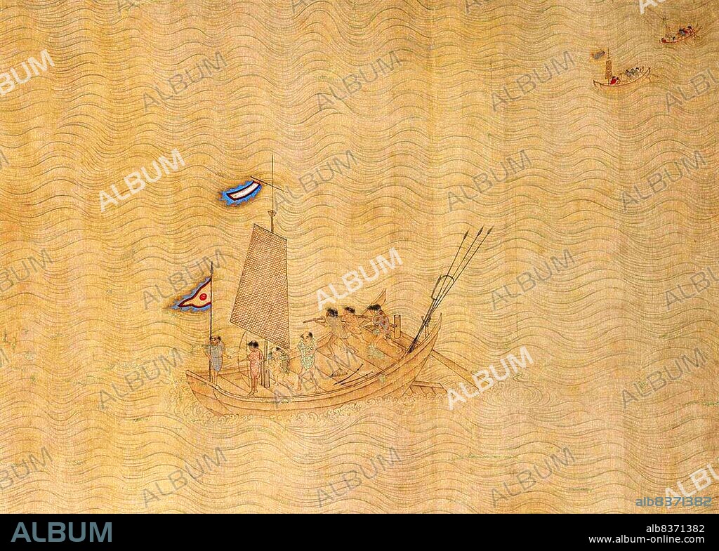 In the waning years of the Yuan dynasty (1279-1368), <i>wokou</i> (Japanese pirates) raided the coastal provinces of eastern China with increasing regularity. Despite suffering defeat in Shandong in 1363, raiding parties continued, pushing even farther south along the coast to Fujian Province.<br/><br/>. The scroll in its entirety shows a party of Japanese pirates landing in a coastal community, scouting and raiding local residences, the flight of refugees, and the response of Ming troops who defend the area in a pitched battle on the water.