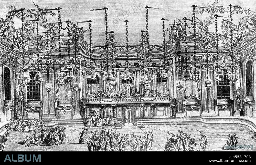 Wien, Hofburg. "Maskenball im Großen Redoutensaal der Hofburg". Kupferstich, 1748, von Markus Weinmann.