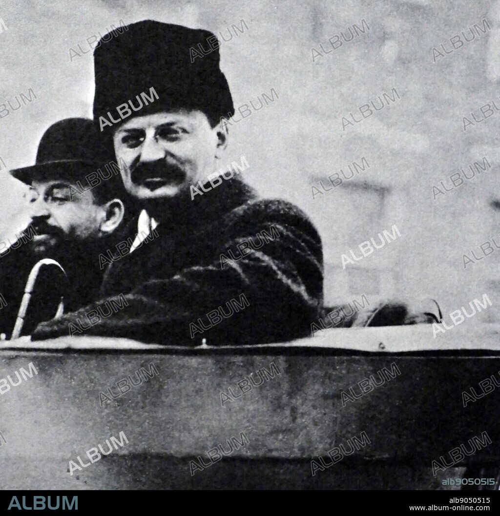 Photograph of Leon Trotsky during the Treaty of Brest-Litovsk, a peace treaty signed on 3 March 1918 between the new Bolshevik government of Soviet Russia and the Central Powers (Germany, Austria-Hungary, Bulgaria and the Ottoman Empire). Leon Trotsky (1879-1940) a Marxist revolutionary, theorist, and Soviet politician. Dated 20th Century.