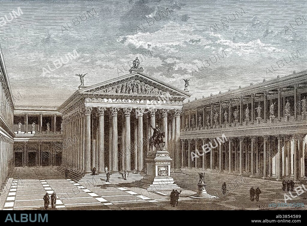 Reconstruction of the Forum of Caesar or Forum Iulium, in ancient Rome, historical illustration