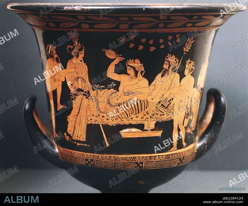 Calyx krater depicting a scene of symposium with Hephaestus and Dionysus raising a cup, red-figure pottery, from the Valley of the Temples in Agrigento, Sicily, Italy. Greek civilisation, 5th century BC.
