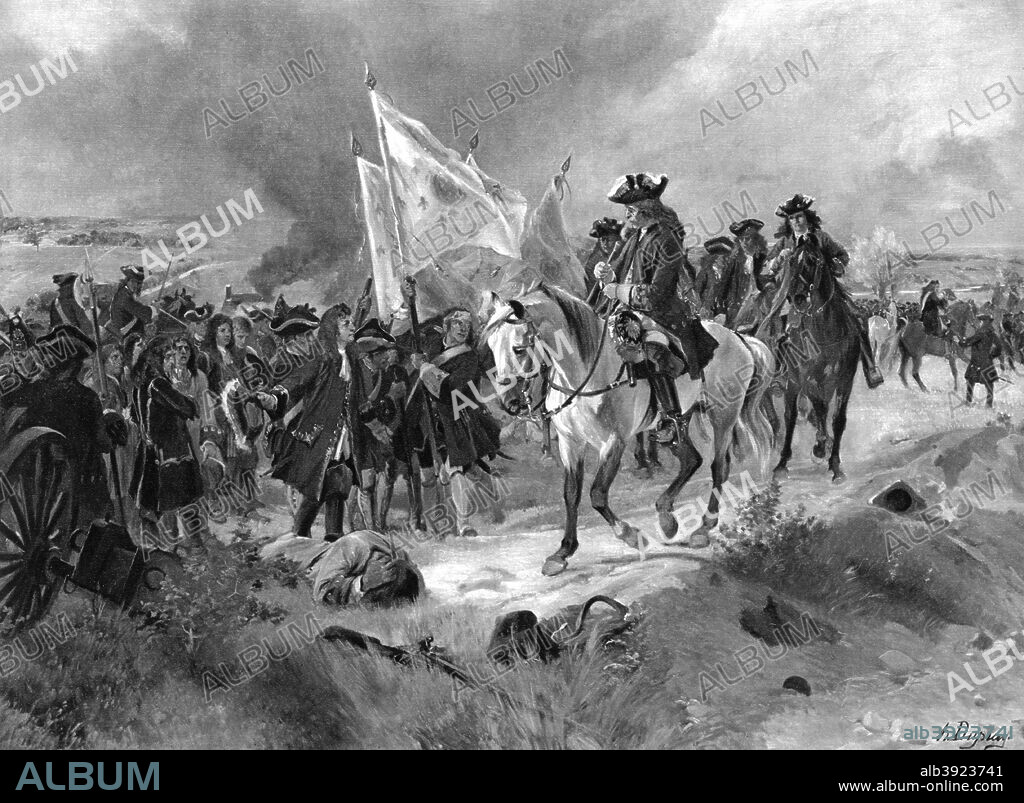 The Battle of Ramillies, 1706. The Tomb of Ottomond. The Duke of Marlborough receiving captured standards. At the Battle of Ramillies, during the War of the Spanish Succession, a British-Dutch-German army under the Duke of Marlborough defeated a French army under the Duc de Villeroi at Ramillies-Offus near Namur. The victory cleared the French from the Spanish Netherlands and led to the capture of Antwerp, Bruges, and Ghent. A print from Fifteen Decisive Battles of British History, printed and published by Charles Letts and Co, London.