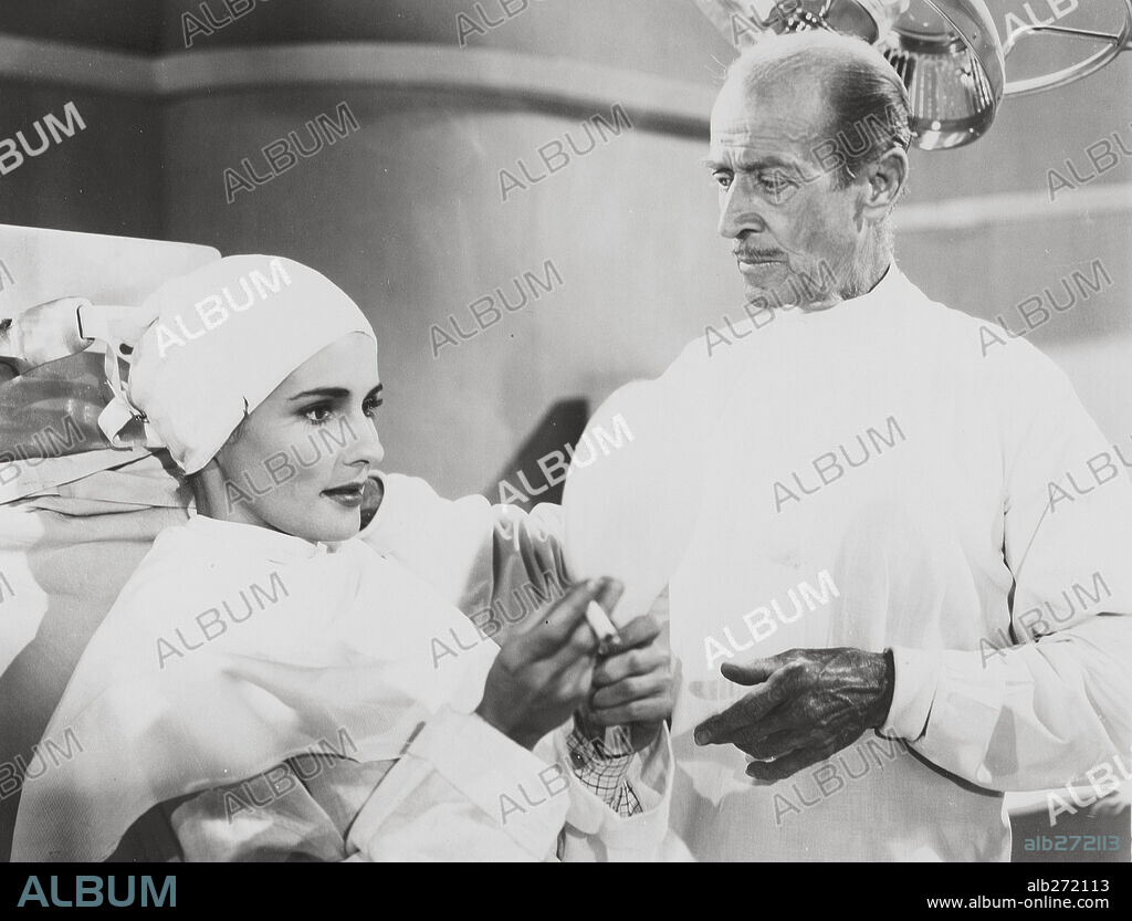 BRENDA MARSHALL and H. B. WARNER in STRANGE IMPERSONATION, 1946, directed by ANTHONY MANN. Copyright REPUBLIC PICTURES.