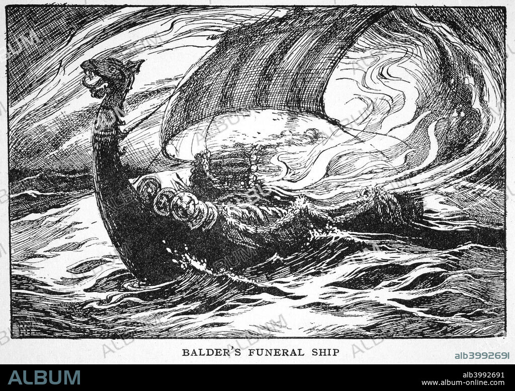 'Balder's Funeral Ship', 1925. Balder (Baldr) is a Norse god associated with light and beauty. From The Book of Myths by Amy Cruse, 1925.