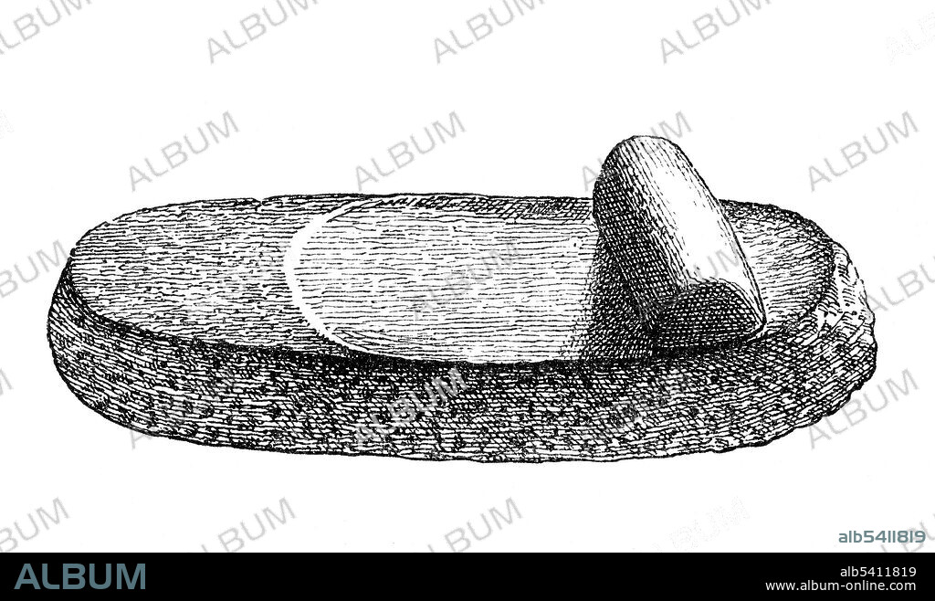 Primitive corn-mill. Neolithic and Upper Paleolithic people used millstones to grind grains, nuts, rhizomes and other vegetable food products for consumption. These implements are often called grinding stones. They used either saddle stones or rotary querns turned by hand.Image taken from Primitive Man by Louis Figuier, 1870 (cropped and cleaned).
