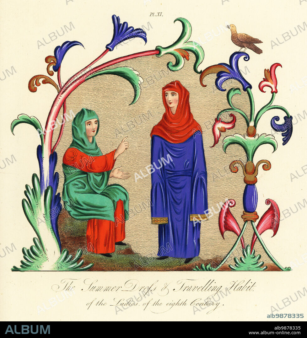 Anglo-Saxon summer dress and travel habit of ladies of the 8th century. Woman in summer outfit with veil and mantle, and woman in travel clothes or winter clothes with very long sleeves. From Old English Hexateuch, Cotton MS Claudius B iv. Handcoloured engraving by Joseph Strutt from his Complete View of the Dress and Habits of the People of England, Henry Bohn, London, 1842.