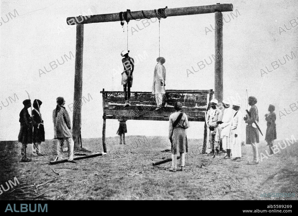 Ostindien / Sepoy-Aufstand, 10. Mai 1857. bis zu seiner Niederschlagung am 18. Juni. 1858. Aufstandsbewegung der im Dienst der britischen Ostindischen Kompanie stehenden Eingeborenen, gegen die Annexionspoltik Englands in Indien u. a. Hinrichtung von Aufständischen am Galgen. Foto.