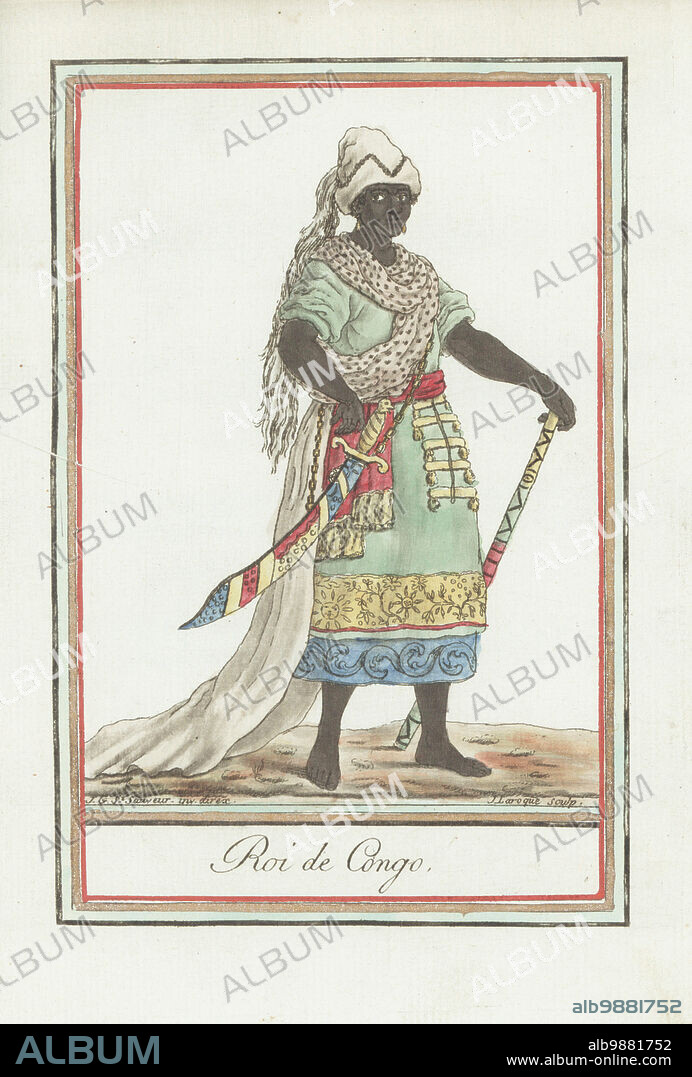 Costume of a king of Congo, In turban, robe with long train, sash belt, scimitar and stick. Perhaps a portrait of King Alfonso I (c. 14561543). The realm included Congo, Loango, Benguela, and Angola. Roi de Congo. Handcoloured copperplate engraving by J. Laroque after a design by Jacques Grasset de Saint-Sauveur from his Encyclopedie des voyages, Encyclopedia of Voyages, Bordeaux, France, 1792.