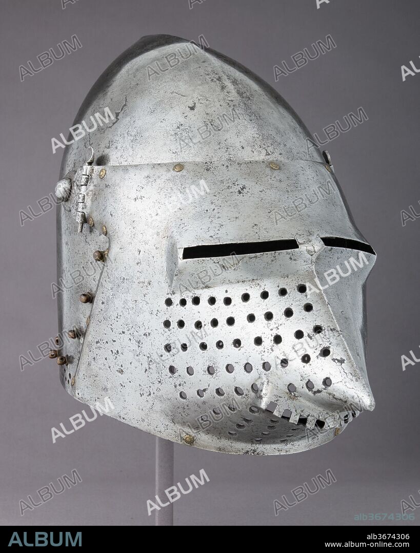 Visored Bascinet. Culture: German. Dimensions: H. 13 in. (33 cm); W. 9 in. (22.9 cm); D. 13 3/4 in. (34.9 cm); Wt. 6 lb. 10 oz. (3005 g). Date: ca. 1400.