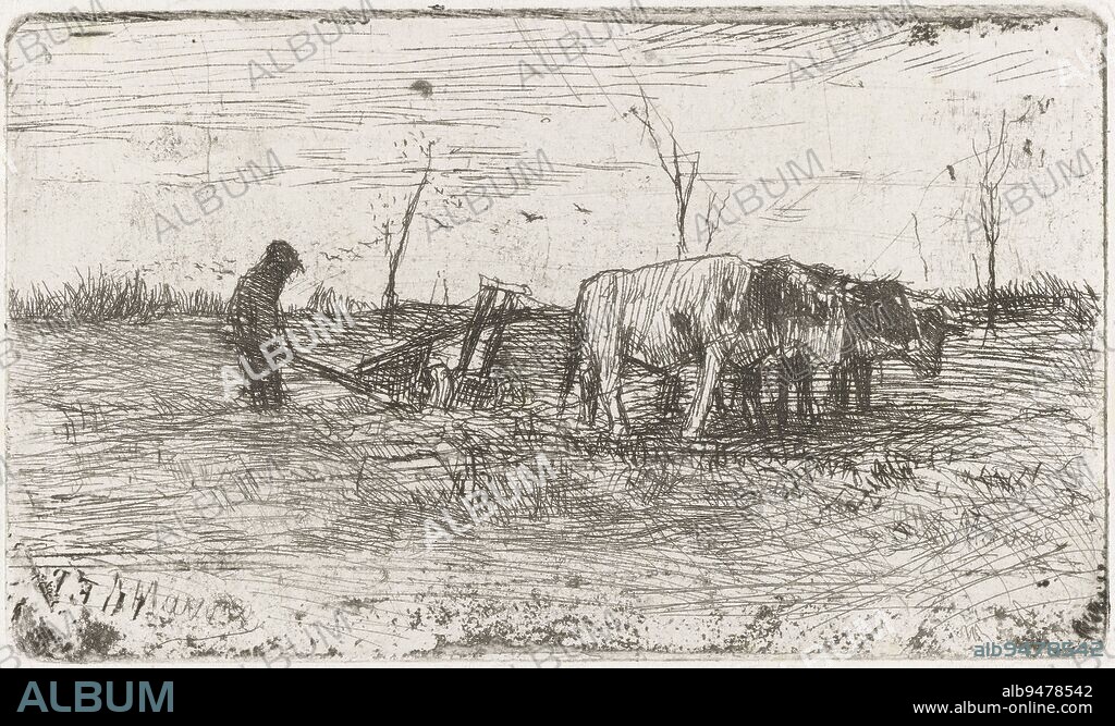 Plowing oxen, Anton Mauve, 1848 - 1888, Oxen pulling a plow across a field. A farmer walks behind the plow., print maker: Anton Mauve, (mentioned on object), Netherlands, 1848 - 1888, paper, etching, h 56 mm × w 94 mm.