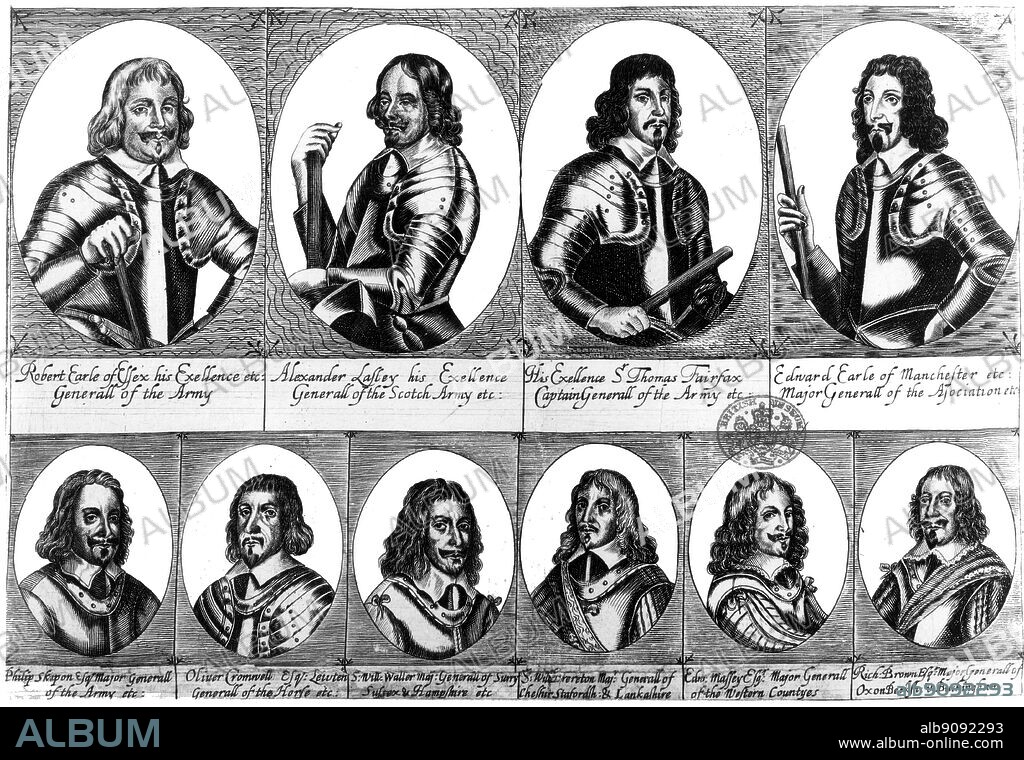 New Model Army of the 17th century. List of the victors - Parliament in Civil War - includes Oliver Cromwell. Top left, l-r: Robert, Earl of Essex; Alexander, general of the Scots army; Sir Thomas Fairfax; Edward, Earl of Manchester; Bottom, l-r:Philip Skipton; Oliver Cromwell; Waller;.