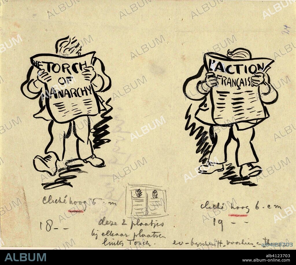 Design book illustration for Alexander Cohen's From Anarchy to Monarchy: Two men reading the paper. Draughtsman: Leo Gestel. Dating: 1891 - 1941. Measurements: h 131 mm × w 155 mm.