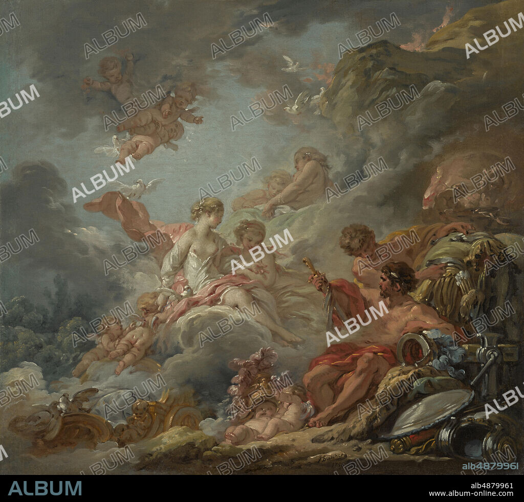 François Boucher, French, 17031770, Vulcan Presenting Arms to Venus for Aeneas, 1756, Oil on canvas, 16 1/4 x 17 13/16 in. (41.2 x 45.3 cm).
