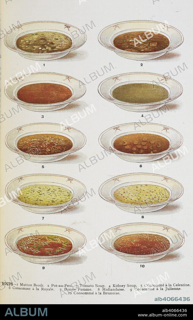ISABELLA MARY BEETON and ANON. Assorted bowls of soup. Mrs. Beeton's Family Cookery and Housekeeping Book ... New ... illustrations, etc. [Another issue, in an altered form, of â€œBeeton's Every-day Cookery and Housekeeping Book.â€]. London : Ward, Lock & Co., 1907. Source: 07944.g.63. facing p. 464.