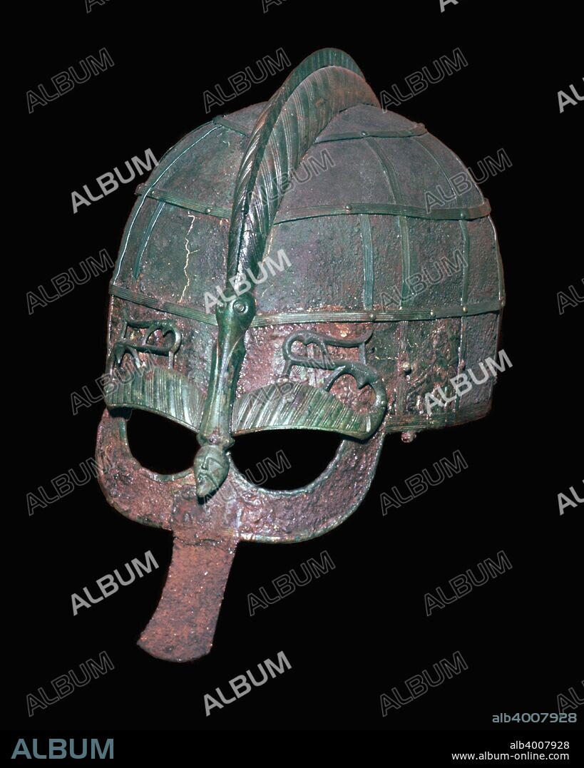 Germanic Iron Age helmet from grave one at Vendel, Uppland, Sweden. At Statens Historika Museum's collection, Stockholm, 7th century.