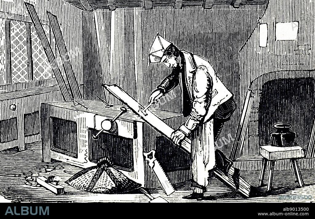 Engraving depicting a carpenter drawing a nail from a plank using a clawed hammer as a bent lever. Dated 19th century.