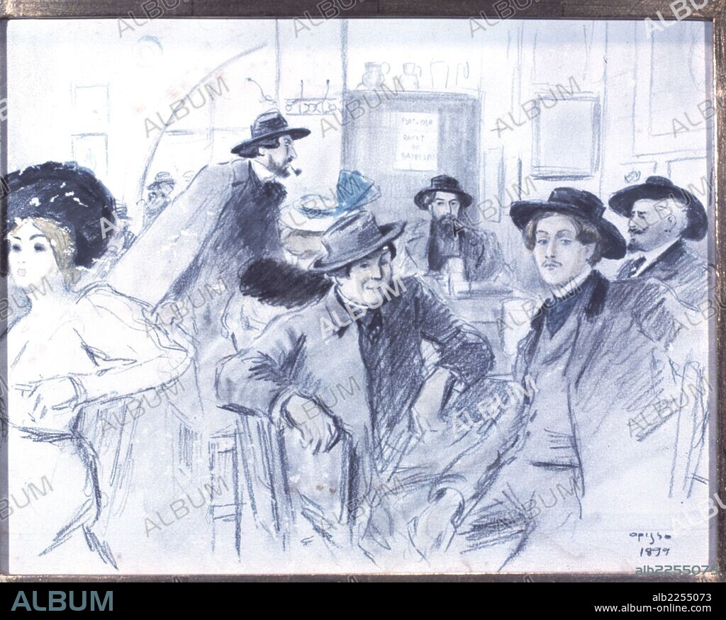 RICARD OPISSO. RICARDO OPISSO. PINTOR Y DIBUJANTE ESPAÑOL. TARRAGONA 1880-1960. DIBUJO DEL AÑO 1899 EN EL QUE APARECEN ENTRE OTROS ISIDRO NONELL, RAMON CASAS Y SANTIAGO RUSIÑOL. MUSEO CAU FERRAT. SITGES.
