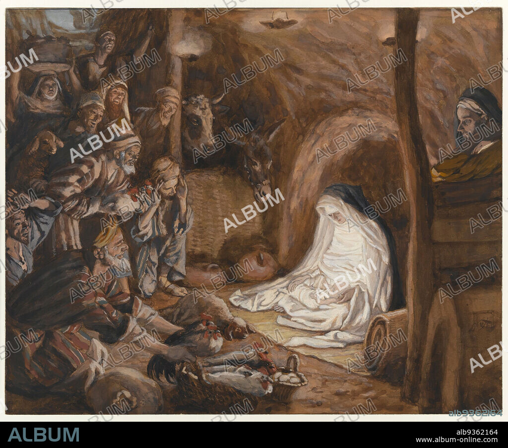 The Adoration of the Shepherds, L'adoration des bergers, The Life of Our Lord Jesus Christ, La Vie de Notre-Seigneur Jésus-Christ, James Tissot, French, 1836-1902, Opaque watercolor on gray wove paper, France, 1886-1894, Image: 6 1/2 x 8 in., 16.5 x 20.3 cm, adoration, bergers, birth of Jesus, Christianity, grotte, grotto, Jesus, Joseph, Luke 2:15-19, Marie, Mary, nativity, prayer, religious art, sheperds, Tissot, Vierge.