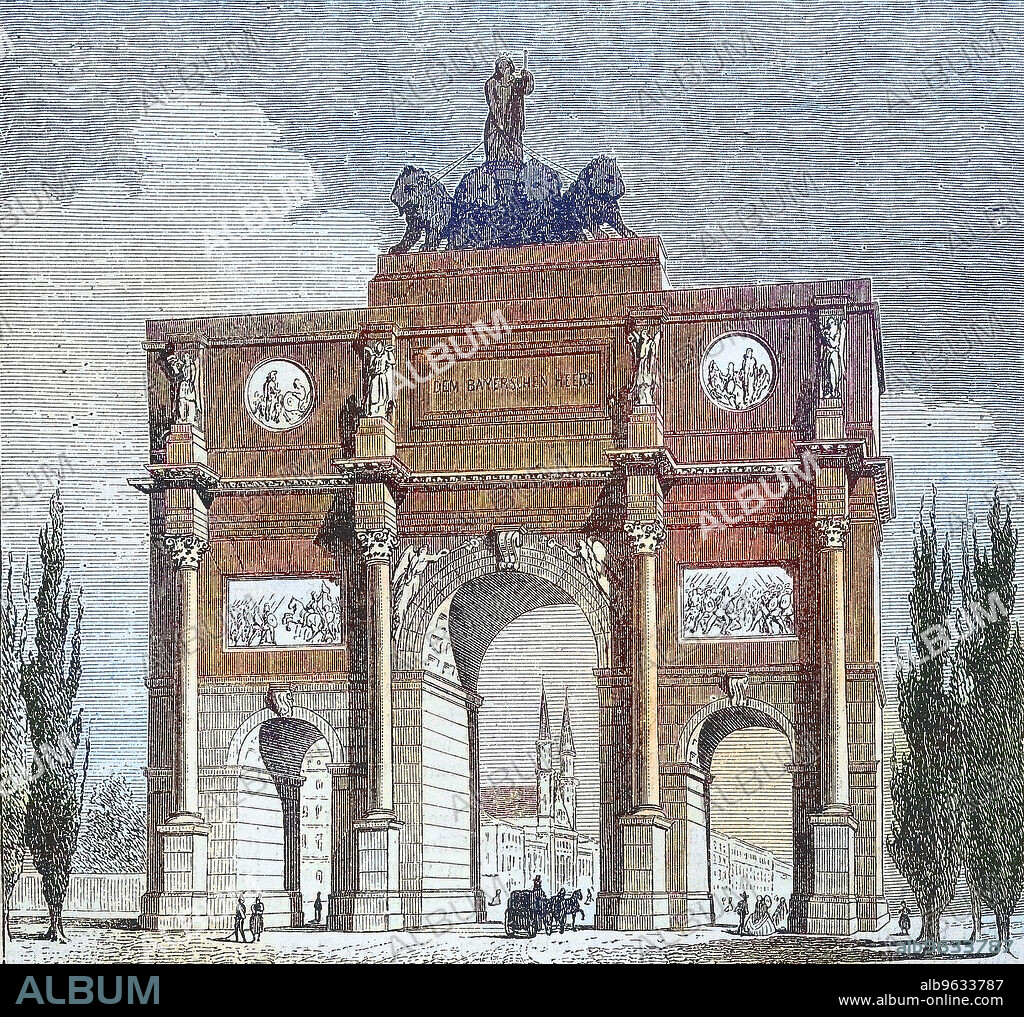 das Tor Siegestor in München, Bayern, Deutschland, historical, digital improved reproduction of an original from the 19th century / digitale Reproduktion einer Originalvorlage aus dem 19. Jahrhundert, Originaldatum nicht bekannt, ca 1880.