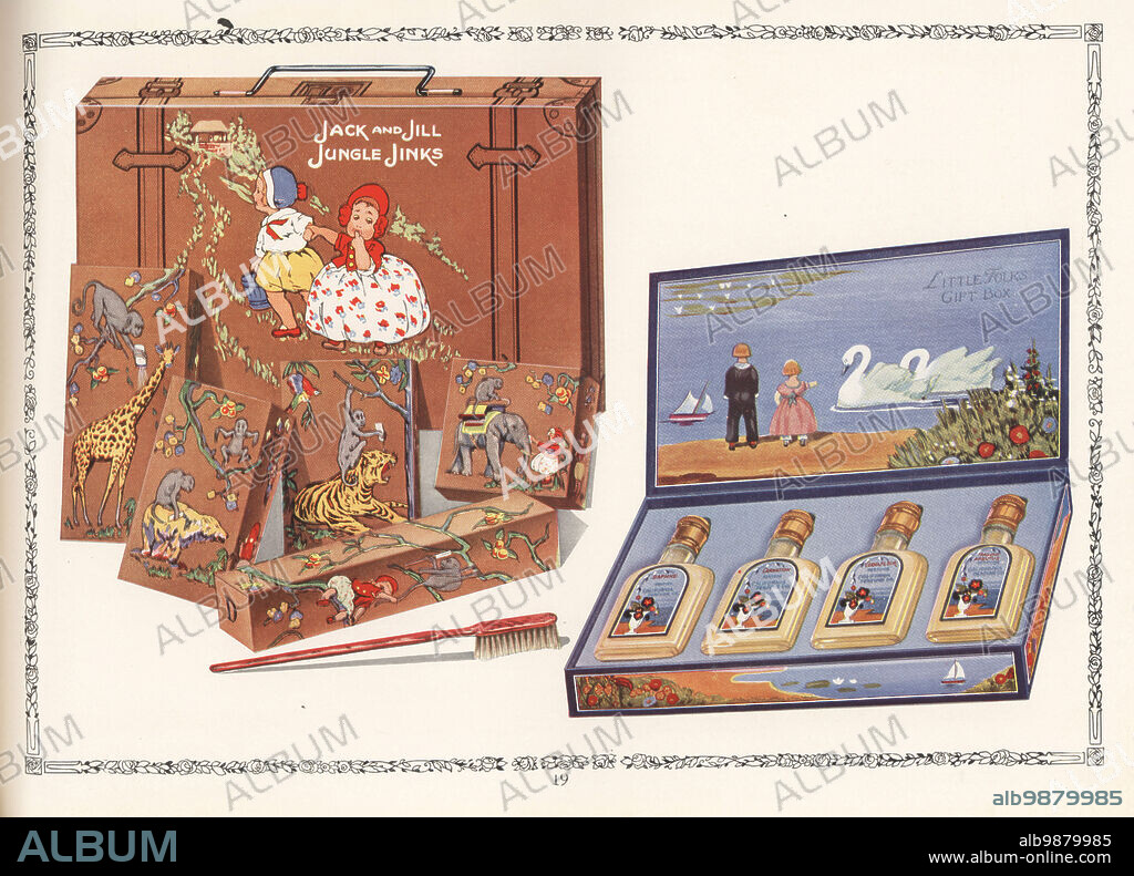 Children's cosmetics from CPC, 1927. Jack and Jill Jungle Jinks gift set in a suitcase box, containing Trailing Arbutus talcum powder and cold cream, Daphne perfume, Apple Blossom Complexion Soap, Sen-Den-Tal cream and tooth brush. Little Folks gift box with four perfumes: Violet, Carnation, White Lilac and Heliotrope. Chromolithograph by an unknown artist from the California Perfume Company (later Avon) product catalog, New York, Kansas, Montreal, 1927.