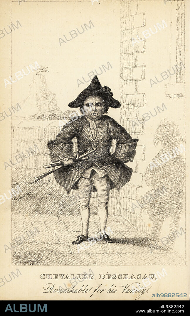 Chevalier Desseasau, remarkable for his vanity, died 1775. Vain Prussian dwarf who was a celebrity Londons coffee houses such as Old Andertons and the Barn, and later Fleet Debtors Prison. Dressed in black as an 18th century buck, with tricorn, buckle shoes, two swords, cane and roll of poetry. Lithograph after a stipple engraving by Robert Cooper from Henry Wilson and James Caulfields Book of Wonderful Characters, Memoirs and Anecdotes, of Remarkable and Eccentric Persons in all ages and countries, John Camden Hotten, Piccadilly, London, 1869.