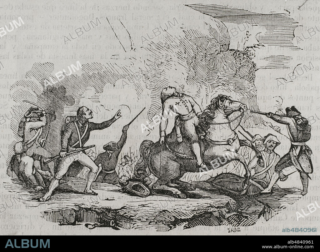 Guerra del Rosellón, también llamada Guerra de los Pirineos o Guerra de la Convención, (1793-1795). Conflicto entre la España de Carlos IV y la Primera República Francesa. Muerte de Luís Fermín de Carvajal, I conde de la Unión (1752-1794) en noviembre de 1974, durante la batalla del Roure o de Mont-Roig, cuando recibió un disparo cerca de la Ermita del Roure. Grabado. "Historia del Levantamiento, guerra y revolución de España", por el conde de Toreno. Madrid,1851.