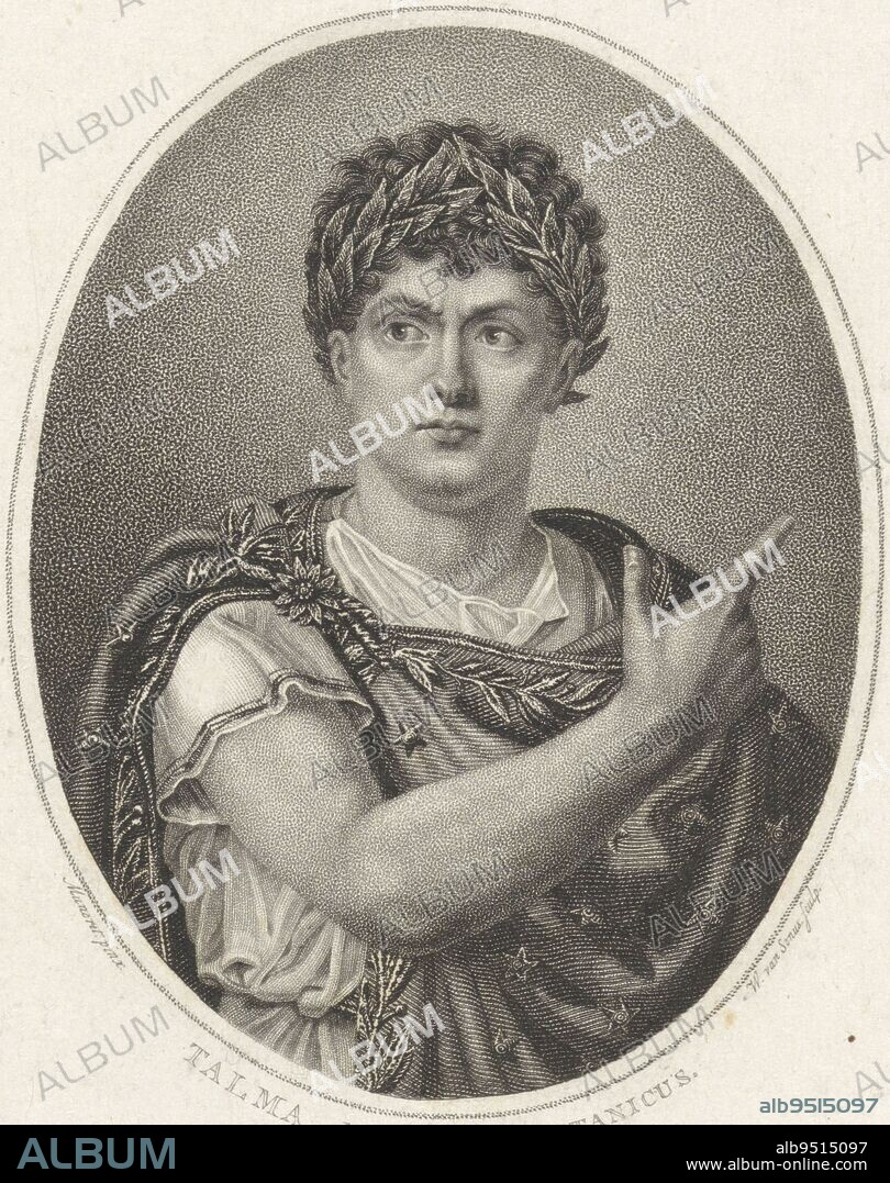 Talma, as Nero in Britannicus, Willem van Senus, after G. Muneret, 1829 - 1851, Portrait of French actor François Joseph Talma, in the role of Nero in the play Britannicus by French playwright Jean Racine., print maker: Willem van Senus, (mentioned on object), after: G. Muneret, (mentioned on object), publisher: Johannes Christoffel van Kesteren, (mentioned on object), Netherlands, 1829 - 1851, paper, etching, h 240 mm × w 149 mm.