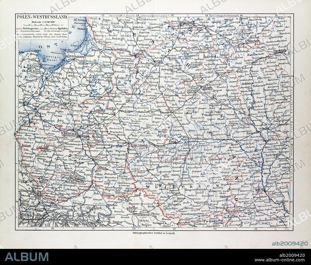 MAP OF POLAND, BELARUS AND UKRAINE, 1899.