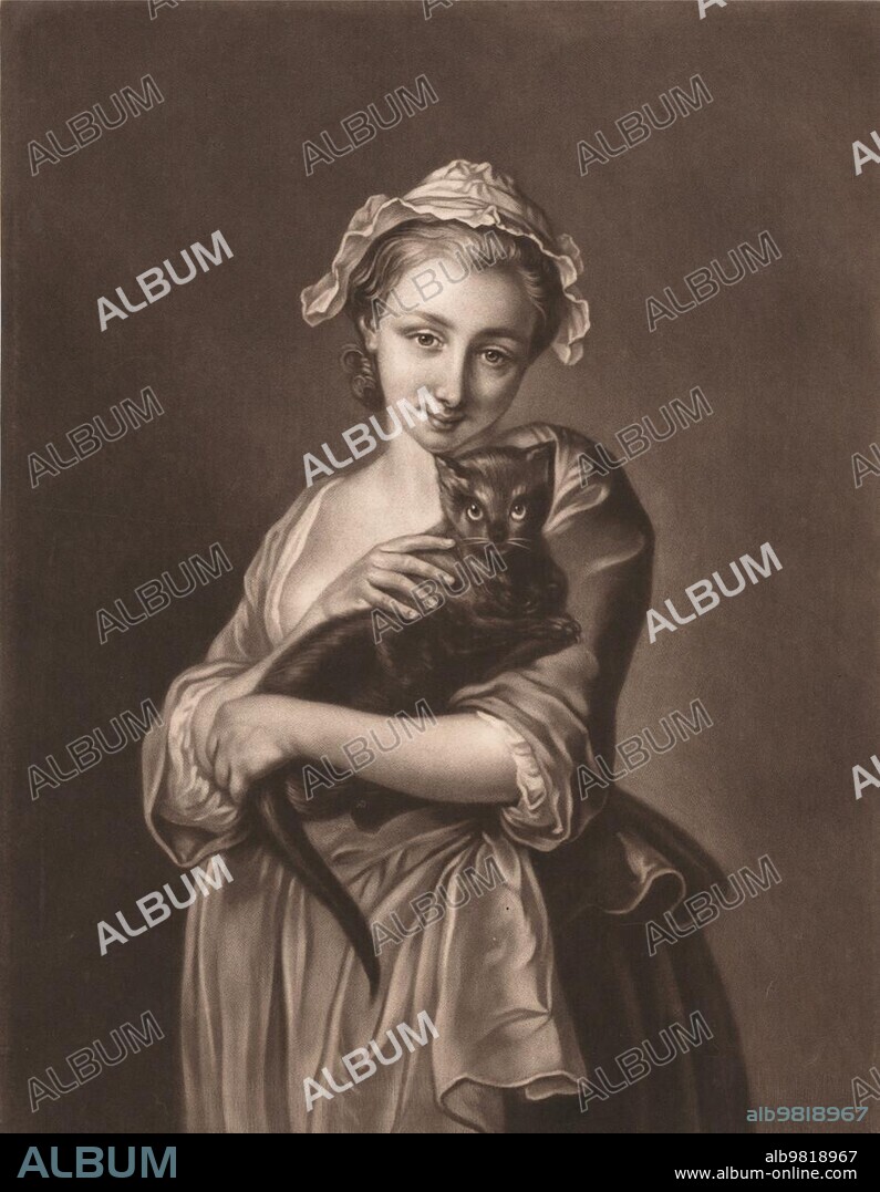 Love My Cat, Girl with a Cat, c. 1760, Germany, painting by Philippe Mercier (1689-1760), Love Me, Love My Cat. Girl with a Cat, a painting of Philippe Mercier (1689-1760), Historical, digitally restored reproduction of a historical original