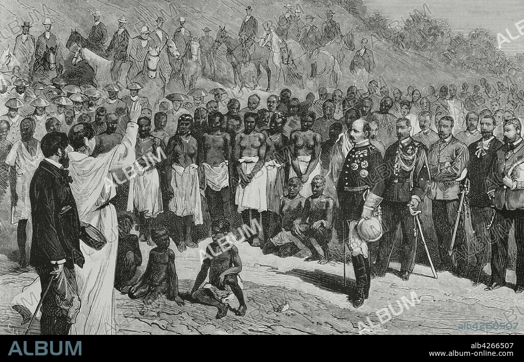 Philippine Islands. Governor General's expedition led by Fernando Primo de Rivera (1831-1921) to Northern Luzon. Augustinian Missionary addressing the sacred words to the Igorot tribes, in the presence of the Governor General, Fernando Primo de Rivera. Engraving by Tomas Carlos Capuz (1834-1899). La Ilustracion Espa–ola y Americana, 1881.
