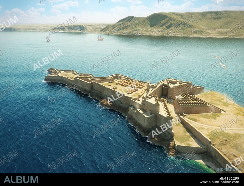 Mers el Kebir, Oran, Algeria. Reconstruction of the Spanish fortress of Mers el Kebir or Mazalquivir, a bastioned citadel built between the sixteenth and seventeenth centuries taking advantage of the bedrock of a ledge that dominated the Gulf of Oran. This configuration is the corresponding one at the end of the 17th century.