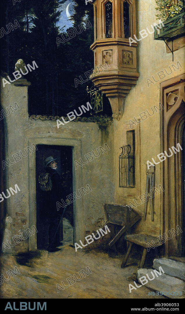 MORITZ VON SCHWIND. Abschied im Morgengrauen / Farewell at Dawn. Date/Period: 1859. Painting. Oil on cardboard. Height: 36 cm (14.1 in); Width: 24 cm (9.4 in).
