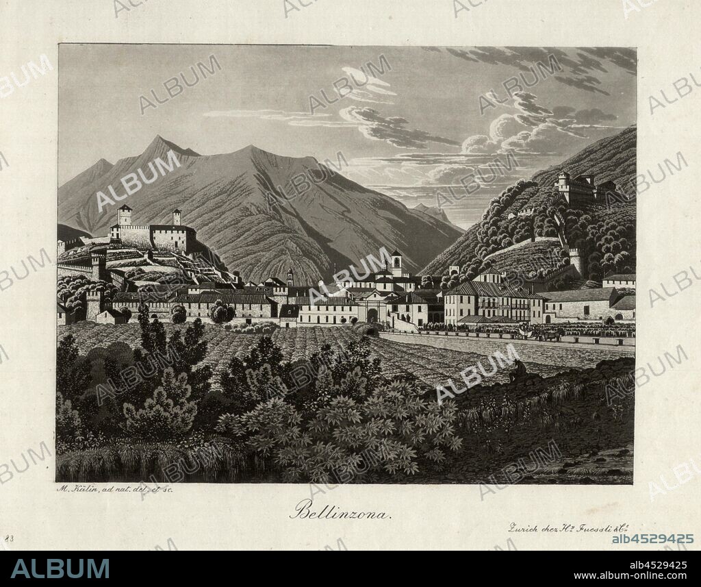 Bellinzona, Bellinzona on the Gotthard route, Fig. 14, after p. 60, Kälin, Joseph Meinrad (ad. nat. del. et sc.), 1833, Karl Franz Lusser, Joseph Meinrad Kälin, Jakob Suter: Funfzehn Ansichten der neuen St. Gotthards-Strasse vom St. Gotthard-Hospiz bis Lugano. Zürich: bey Heinrich Füssli, 1833.