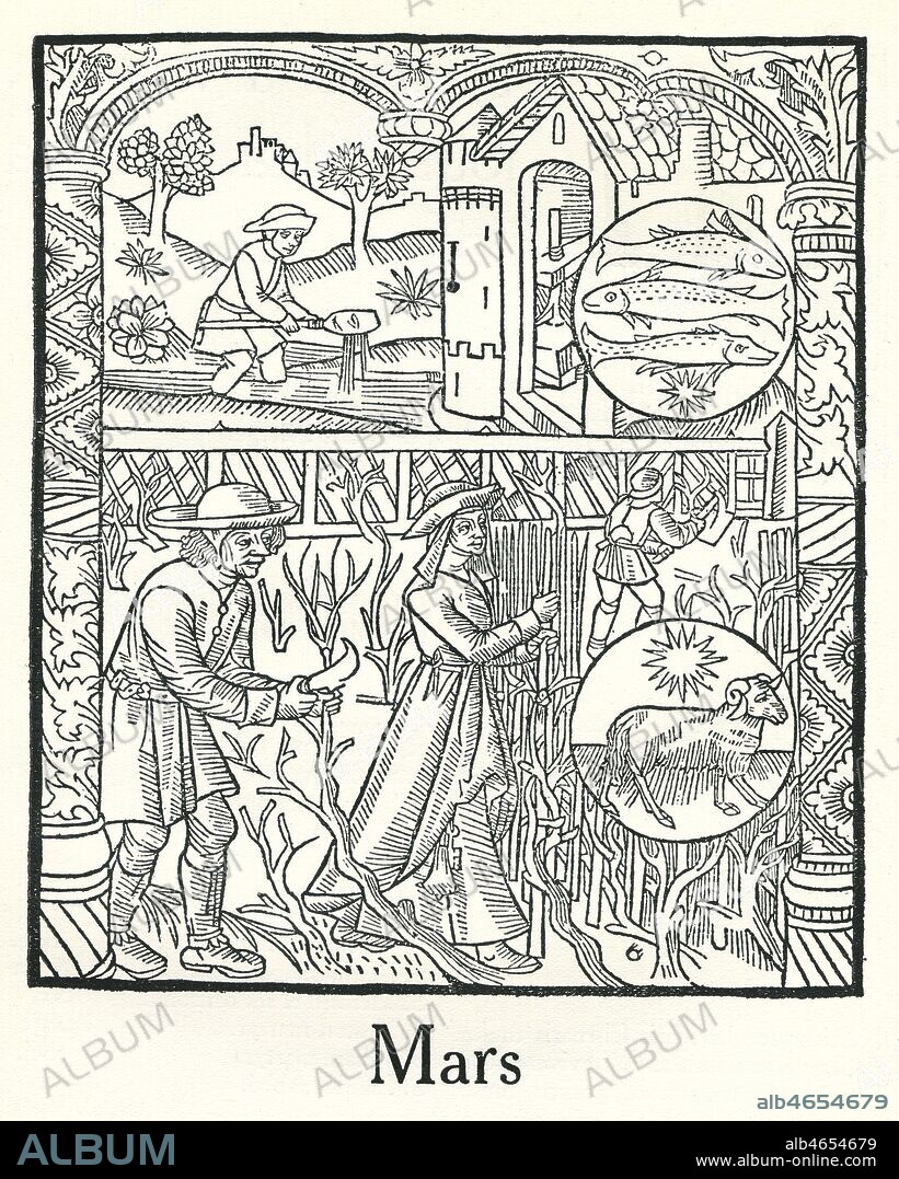 ' Mars.' Calendrier des bergers. En bas : entretient et taille de la vigne. En medaillon, les signes du zodiaques du poisson et du belier. Imprime a Troye par Nicolas le Rouge, 1541. Credit : Collection KHARBINE-TAPABOR.