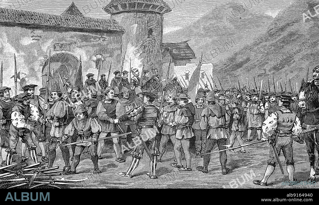 Deutscher Bauernkrieg, 1524-1526, Entwaffnung der Tiroler zu Radstatt, German Peasants' War, disarming the Tyroleans at Radstatt, Historical, digitally restored reproduction of a 19th century original, exact original date unknown