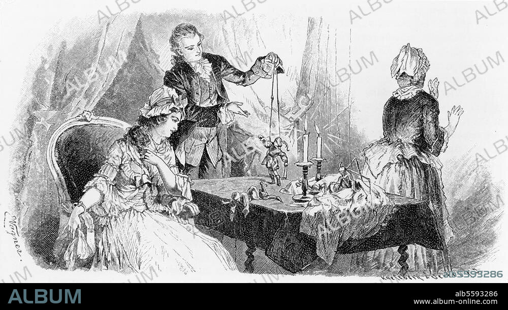 Goethe, Johann Wolfgang von; 1749-1832. Werke: Wilhelm Meisters Lehrjahre (1796). - "Wilhelm zeigt Marianne die Puppen". (Illustr. zum 1. Buch, 3. Kap.). Holzstich, um 1880, nach Zeichnung von Erdmann Wagner (1842-1917). Aus: Goethes Werke, hrsg. v. H.Düntzer, Stuttgart u. Leipzig, o. J.