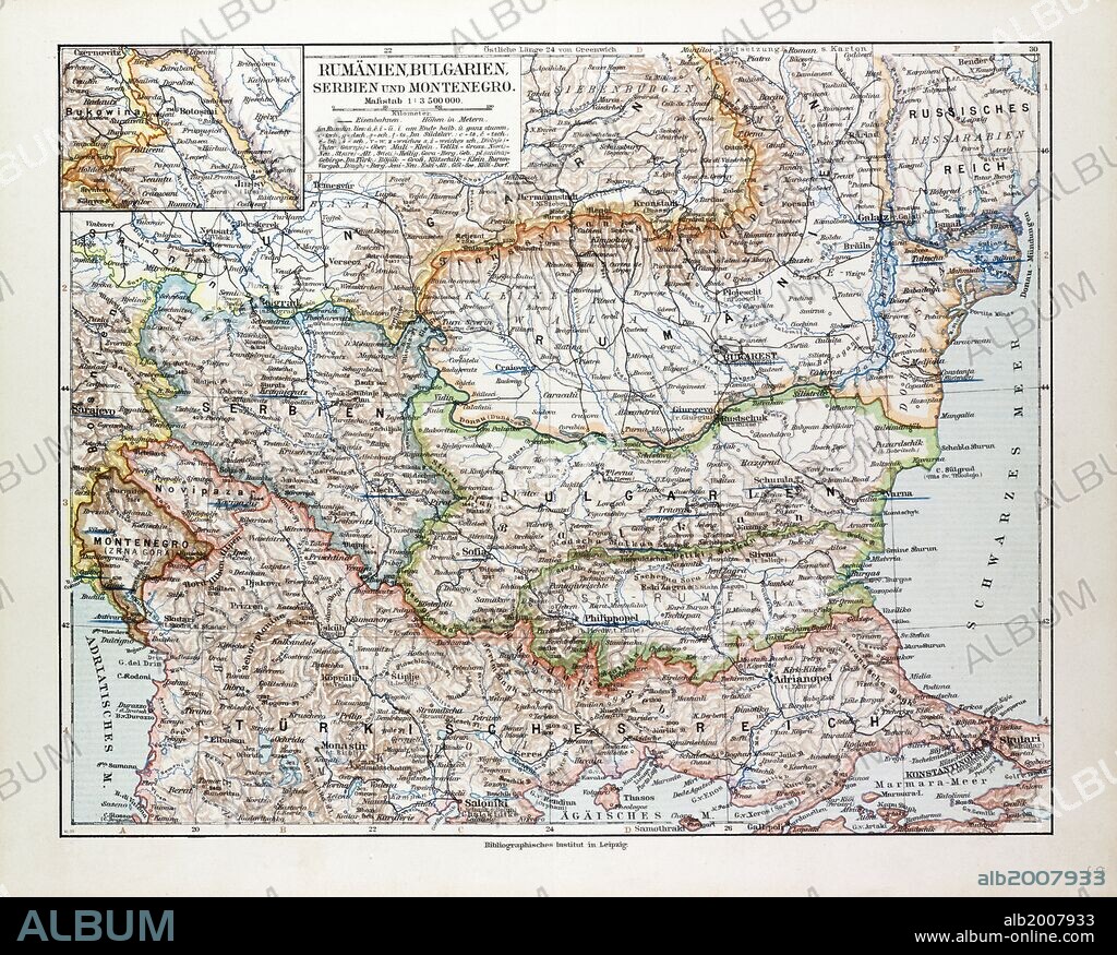 MAP OF ROMANIA, SERBIA, BULGARIA, MONTENEGRO, 1899.
