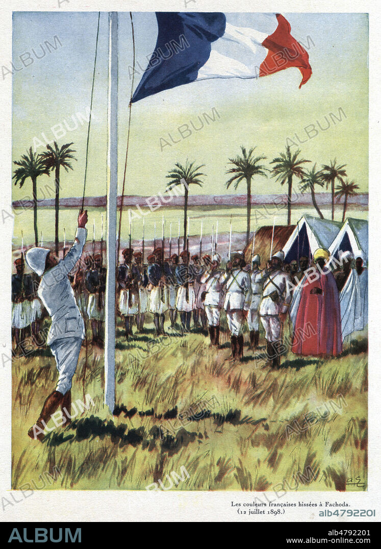 Jean-Baptiste MARCHAND (1863-1934) fait hisser les couleurs francaises a Fachoda. Illustration de 1941 par Andre GALLAND (1886-1965) pour Les coloniaux francais illustres par Marcel SOUZY. ADAGP. Credit : Collection Jonas/Kharbine-Tapabor.