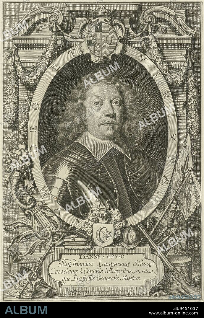 Bust portrait of Johann Geyso, in harness. Bottom right: 95. The portrait is set in an oval frame with the coat of arms of the person being portrayed and an edge inscription in Latin. In the cartouche a four-line caption in Latin. In the foreground various coats of arms, a winch and a caduceus. Print from a series of portraits after paintings by Anselmus van Hulle of all delegates at the peace negotiations in Münster and Osnabrück, Portrait of Johann Geyso Hommes illustres (series title)., print maker: Pieter de Jode (II), (mentioned on object), after: Anselm van Hulle, (mentioned on object), Staten van Holland, (mentioned on object), Antwerp, 1651, paper, etching, engraving, h 310 mm × w 208 mm.