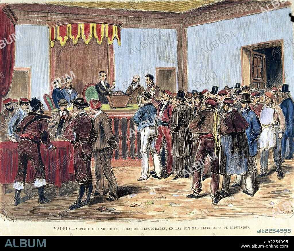 AMADEO I ( AMADEO DE SABOYA ). REY DE ESPAÑA. TURIN 1845 - 1890. " MADRID. COLEGIO ELECTORAL , AÑO 1871 ". GRABADO COLOREADO. ILUSTRACION ESPAÑOLA Y AMERICANA.