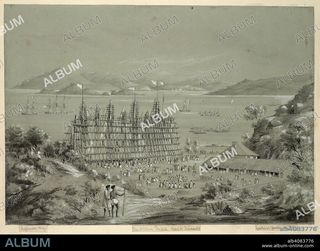 CUTHBERT C. CLARKE. Native feast, Bay of Islands. Drawings and sketches in New Zealand. New Zealand; 1849. (Drawing no.2) View of Maoris gathered before a large wooden structure in a village. In the background, the Bay of Islands with native canoes and English ships. Dated September 1849  Image taken from Drawings and sketches in New Zealand.  Originally published/produced in New Zealand; 1849. . Source: Add. 19954, f.2. Language: English.